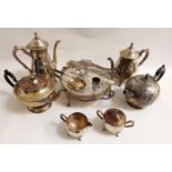 MIXED LOT OF SILVER PLATE including a tea set comprising a tea pot, hot water jug, milk jug and