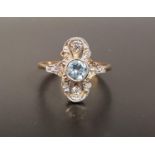 ART DECO STYLE AQUAMARINE AND DIAMOND PLAQUE RING the central round cut aquamarine approximately 0.