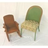 CHILDS ELM ROCKING CHAIR with a solid seat and curved rockers, together with a green Lloyd loom
