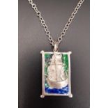 ENAMEL DECORATED SILVER PENDANT the rectangular pendant with central galleon surrounded by blue