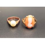 TWO GOLD MOUNTED DRESS RINGS one set with a pearl in nine carat gold, and the other a cameo in