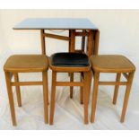 MELAMINE DROP FLAP KITCHEN TABLE with gate leg action, 67cm wide, together with three stools with