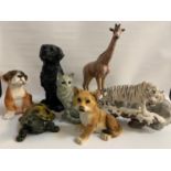 SELECTION OF KITSCH RESIN ANIMAL FIGURES including a giraffe, 46cm high; a puppy; two cat figures, a