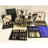 SELECTION OF SILVER PLATED WARE including cased flatware, tea & coffee pot, silver plated tray and