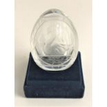 FABERGE CRYSTAL GLASS EGG with engraved swan decoration, etched 'Farerge' and '0782' to base, 6cm