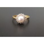 CULTURED PEARL AND DIAMOND CLUSTER RING the central pearl in sixteen diamond surround, on eighteen