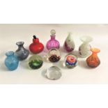 SELECTION OF GLASS PAPERWEIGHTS, SCENT BOTTLES AND SMALL VASES makes include Mdina, Caithness,