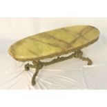 OVAL OCCASIONAL TABLE with a green onyx marble top on a gilt metal base, 121cm long