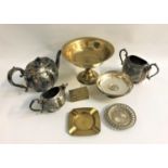 SELECTION OF METALWARE including a silver plated tea pot, milk jug and sugar bowl, silver plated bon