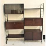 1980s LADDERAX DARK TEAK MODULAR WALL UNIT comprising three ladder style uprights, a bureau with a