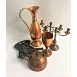 MIXED LOT OF METALWARE including a copper ewer and large goblet, range kettle and saucepan, pair