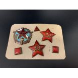 SELECTION OF SOVIET RUSSIAN ENAMEL BADGES including two Red Star cap badges with the hammer and
