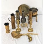 SELECTION OF BRASSWARE including candlesticks, skimming spoon, toasting fork, trench art vases,