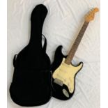 BURSWOOD STRATOCASTER STYLE ELECTRIC GUITAR right handed, full size, with black gloss body and white