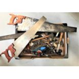 SELECTION OF VINTAGE TOOLS including hand saws, various chisels, spirit level, plane, etc