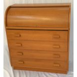 TEAK CYLINDER BUREAU with a fitted interior above four long drawers, standing on a plinth base, 90cm