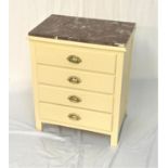 PAINTED CHEST OF DRAWERS with a later red marble top above four drawers, standing on plain supports,