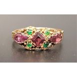 UNUSUAL VICTORIAN PINK AND GREEN GEM SET RING in fifteen carat gold, ring size P