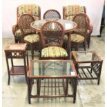 CONSERVATORY SUITE OF CANED FURNITURE comprising a circular glass top table and four arched