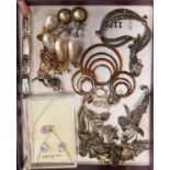 SELECTION OF SILVER ITEMS including marcasite earrings, brooches and a necklace; a mother of pearl