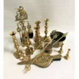 MIXED LOT OF BRASS WARE including knowledge candlesticks, companion set, pair of bellows, embossed