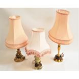 GREEN ONYX TABLE LAMP raised on a square base with an urn shaped column and shade, 44cm high,