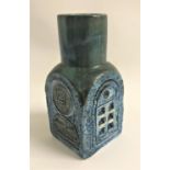 TROIKA CHIMNEY VASE with a textured blue/green ground, signed 'Troika ij' to the base, 15cm high