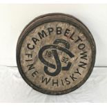 THE END SECTION OF A WHISKY BARREL marked Campbell town fine whisky 1832, 56cm Diameter