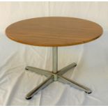 FORMWOOD TEAK EFFECT OCCASIONAL TABLE with a circular top and raised on a chrome column with four