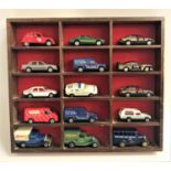 SELECTION OF FIFTEEN SMALL DIE CAST VEHICLES with examples from Corgi and Matchbox, in a wooden