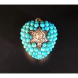 DIAMOND AND TURQUOISE SET HEART SHAPED LOCKET PENDANT the central rose cut diamond cluster in