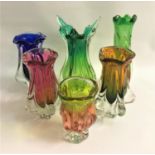 SELECTION OF SIX RETRO MURANO STYLE COLOURFUL GLASS VASES in various biomorphic shapes, the