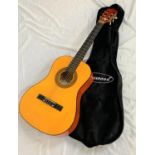 HERALD ACOUSTIC GUITAR MODEL NO HL34 with six strings and strap button section, contained in a