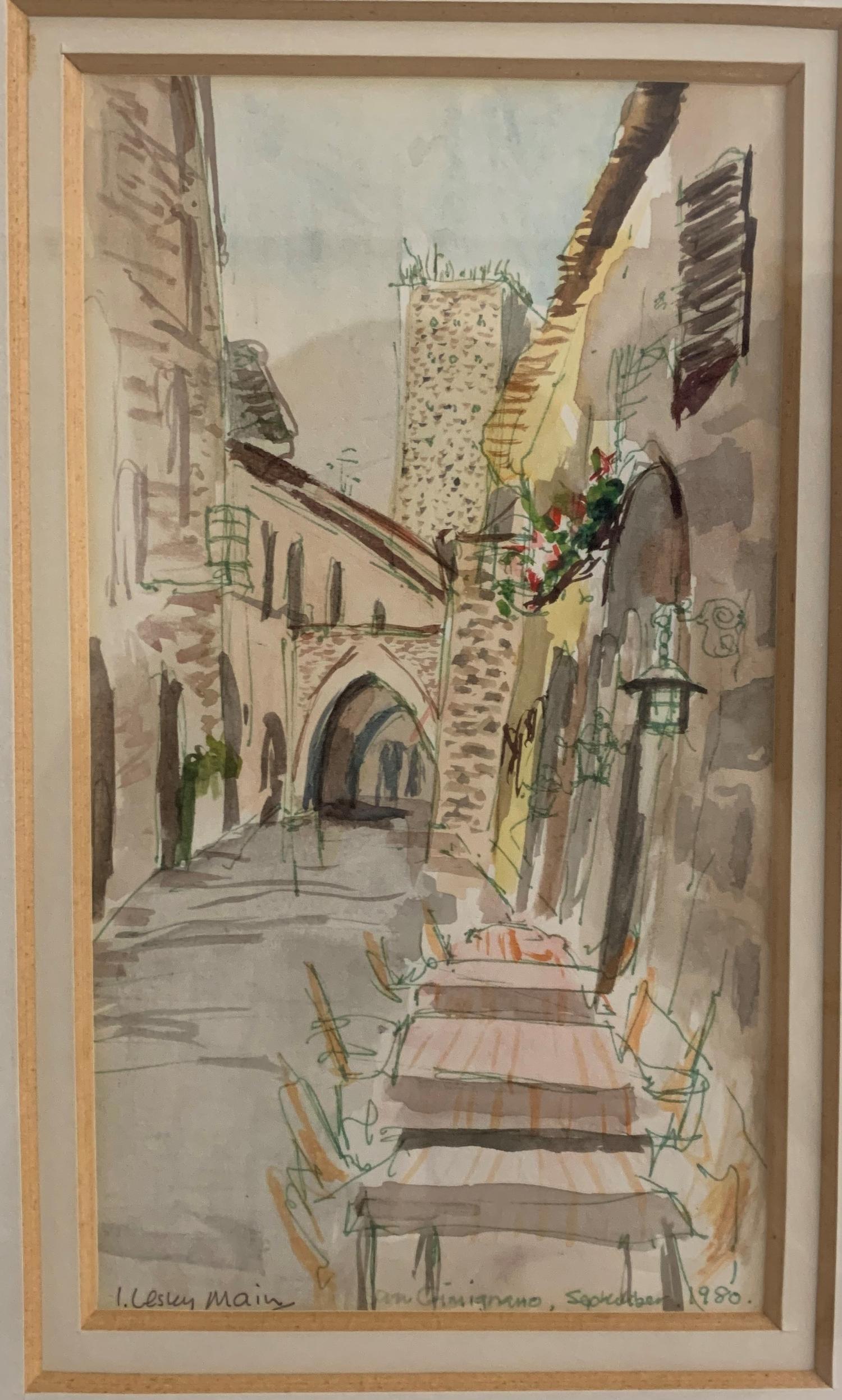 I. LESLEY MAIN San Gimignano, Italy, watercolour, signed and dated September 1980 with label to