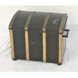 MAHOGANY AND BRASS BOUND COAL BIN with a domed lift up lid revealing a lift out metal liner,