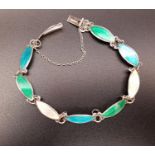 ENAMEL DECORATED SILVER BRACELET with alternating white, green and turquoise links, maker mark