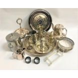 LARGE SELECTION OF SILVER PLATE including trays, bottle holder, napkin rings, spill vase, tea set,