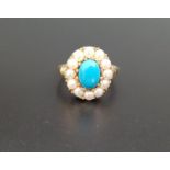 TURQUOISE AND PEARL CLUSTER RING the central oval cabochon turquoise in twelve pearl surround, on
