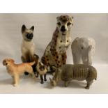 SELECTION OF CERAMIC ANIMALS including a large leopard, a white elephant stick stand, two Siamese