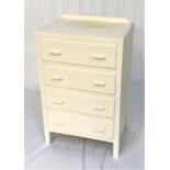 PAINTED CHEST OF DRAWERS with a shaped raised back above four long drawers, standing on plain