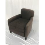 TWO ARMCHAIRS one with a low padded back and loose seat cushion, covered in a brown cotton with
