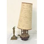 WEST GERMAN POTTERY LAMP with pierced decoration, side handles and brown glazed body, with a hessian