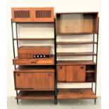 TWO 1970s AVALON TEAK MODULAR WALL UNITS comprising four metal uprights, six interchangeable
