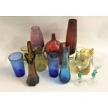 SELECTION OF COLOUFUL GLASSWARE including a pair of bubble decorated blue glasses, two wine