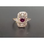 ART DECO STYLE RHODALITE AND DIAMOND PLAQUE RING the central round cut rhodalite in pierced multi