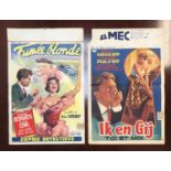 EIGHT BELGIAN FILM POSTERS comprising 'La Terre des Pharaons' (1955); 'Fumee Blonde' (1957); Ik en