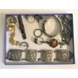 SELETION OF SILVER JEWELLERY including a bracelet with pierced panel links depicting a figure riding