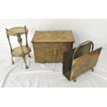 BRASS EMBOSSED LOG BIN with side carrying handles, a two tier trivet with pierced decoration and a