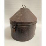 A LATE 19TH CENTURY MILITARY JAPANNED HAT BOX WITH DOMED COVER the lid with metal handle to top