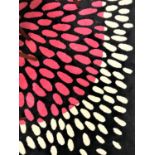LARGE BLACK GROUND RUG with a central pink motif with a a white border, 200cm x 200cm